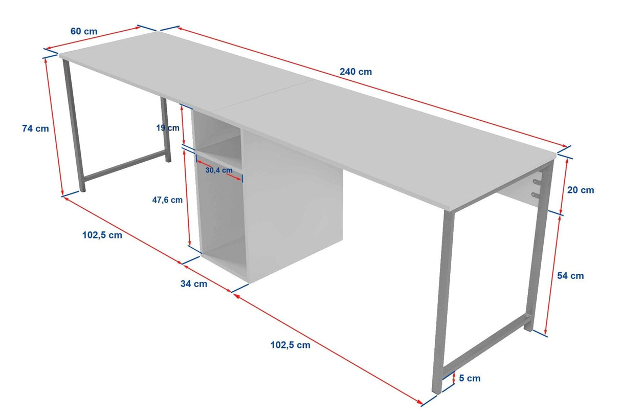 Study Bureau Melamine 240x60 cm Twin Study Desk with Silver and Gold White Gold 