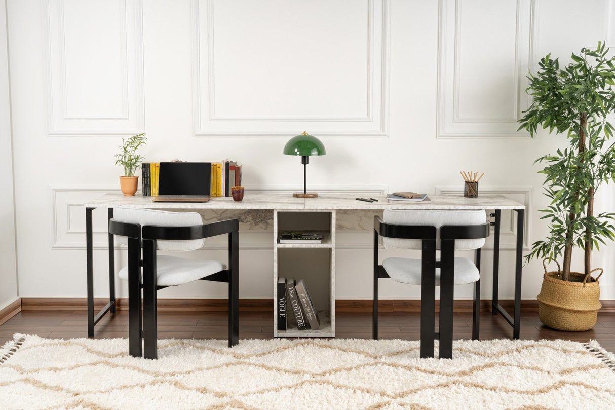 Bureaus - Twin Study Desk Studie Bureau Freesia Marble Black 240x60 cm Melamine - Dimehouse