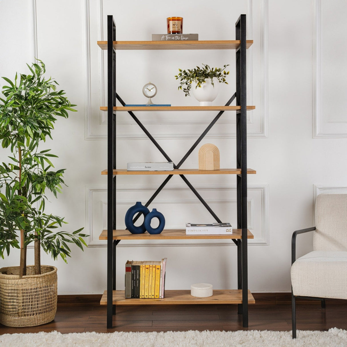 Industrial bookcase pine melamine Ely - black frame - 180x90 cm