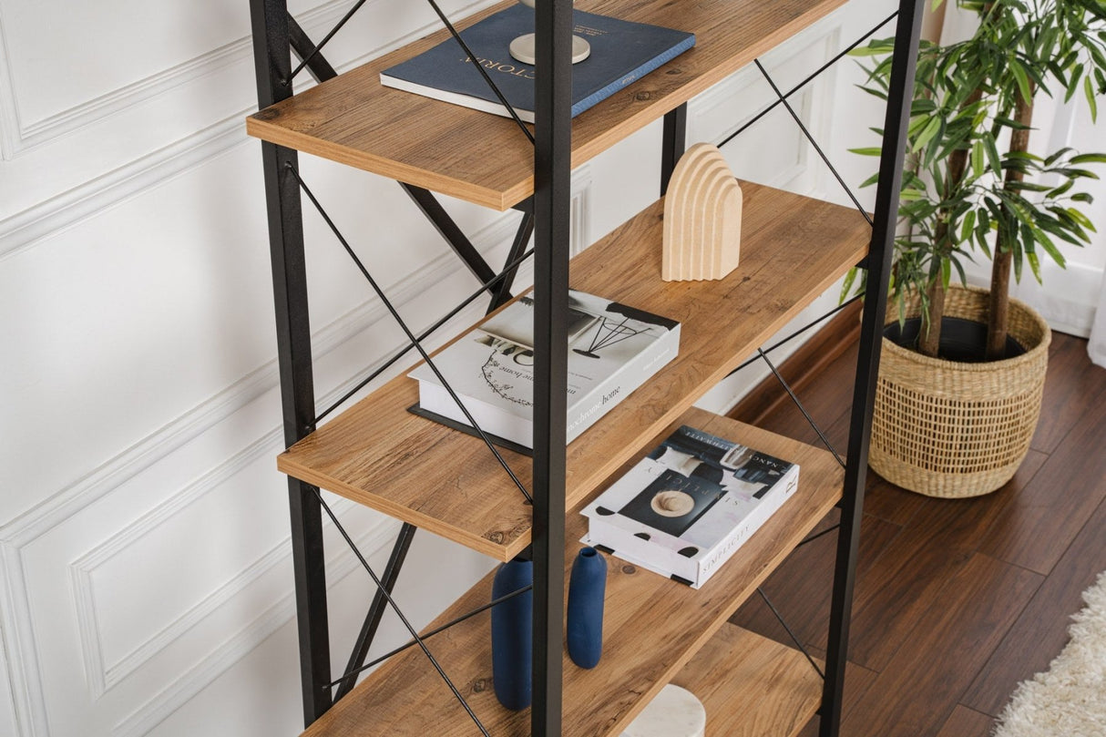 Industrial bookcase pine melamine Ely - black frame - 180x90 cm