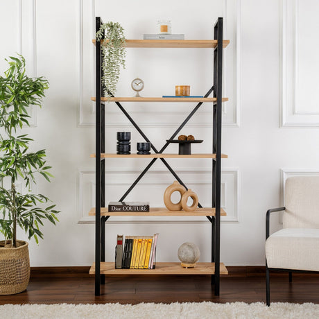 Industrial Bookcase Ely Oak Melamine - Black Frame - 180x90 cm 