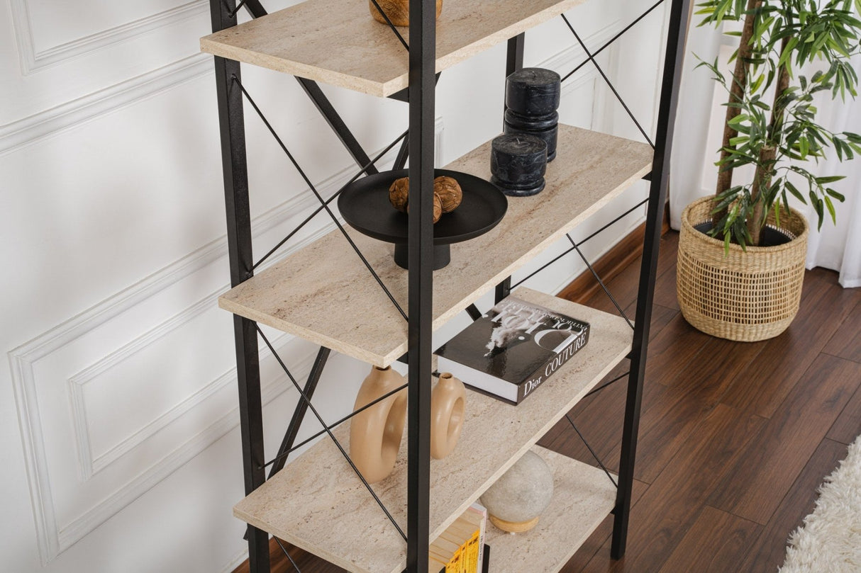 Industrial bookcase travertine melamine Ely - black frame - 180x90 cm