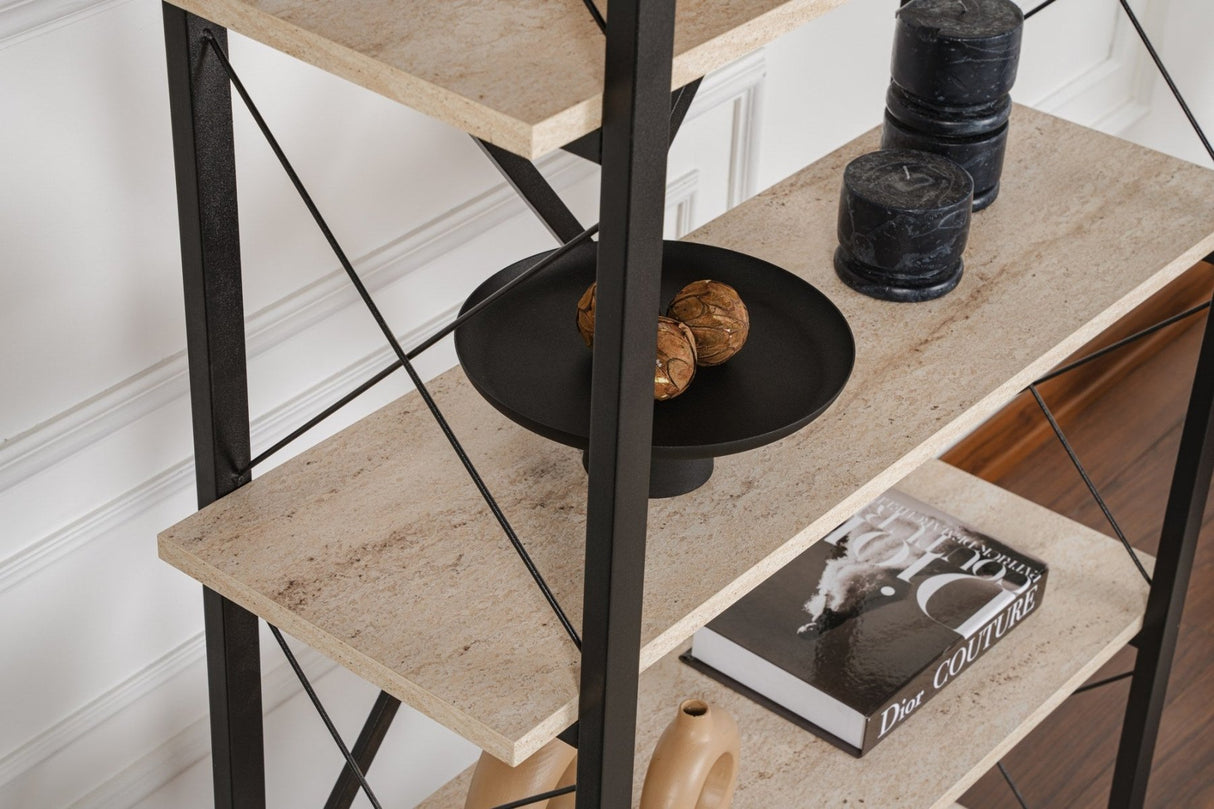 Industrial bookcase travertine melamine Ely - black frame - 180x90 cm