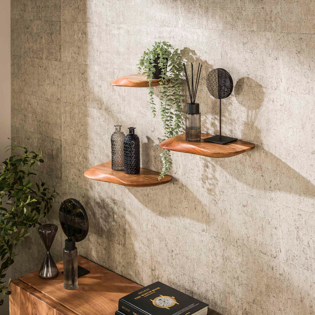 Nordic Set of 3 Wall Shelves Organic - Solid Acacia Wood 