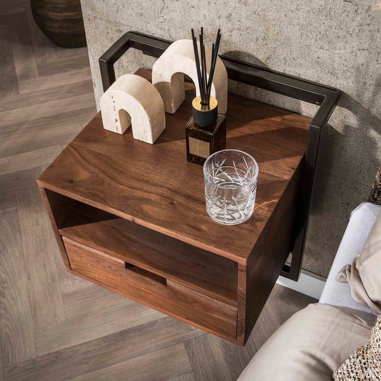 Nightstand Solace 1-drawer solid acacia drift brown 