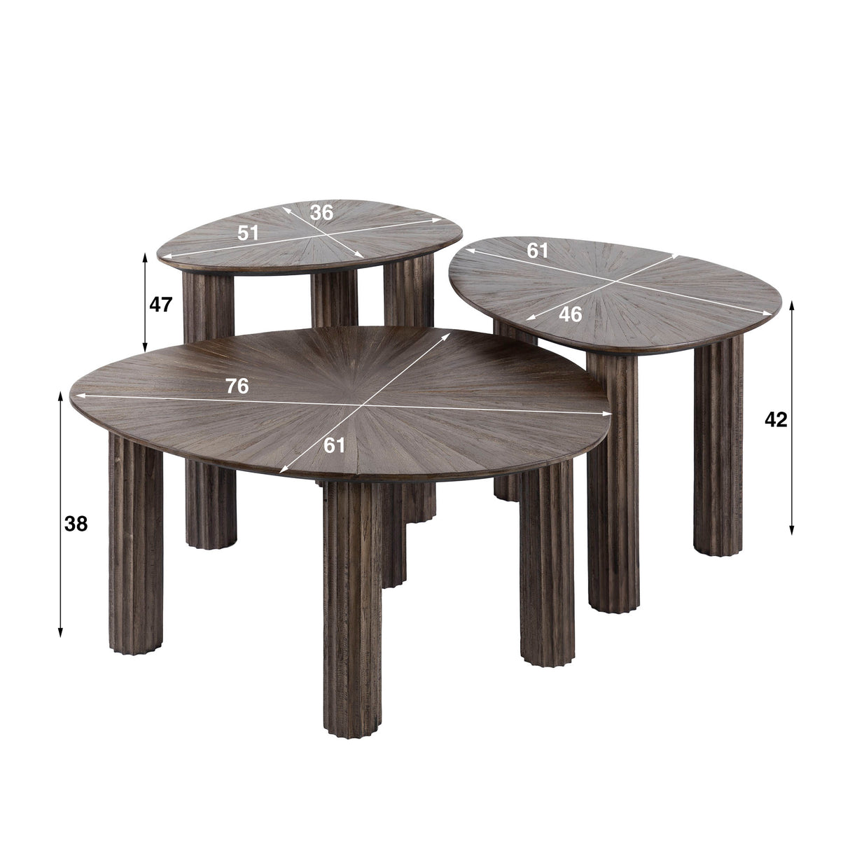 Coffee table set of 3 Myla Triangular Teak Wood Brown 