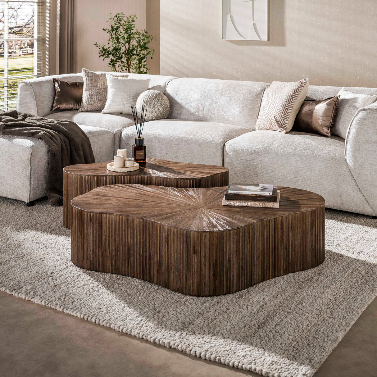 Set of 2 organic coffee tables in dark brown teak Japandi Myla