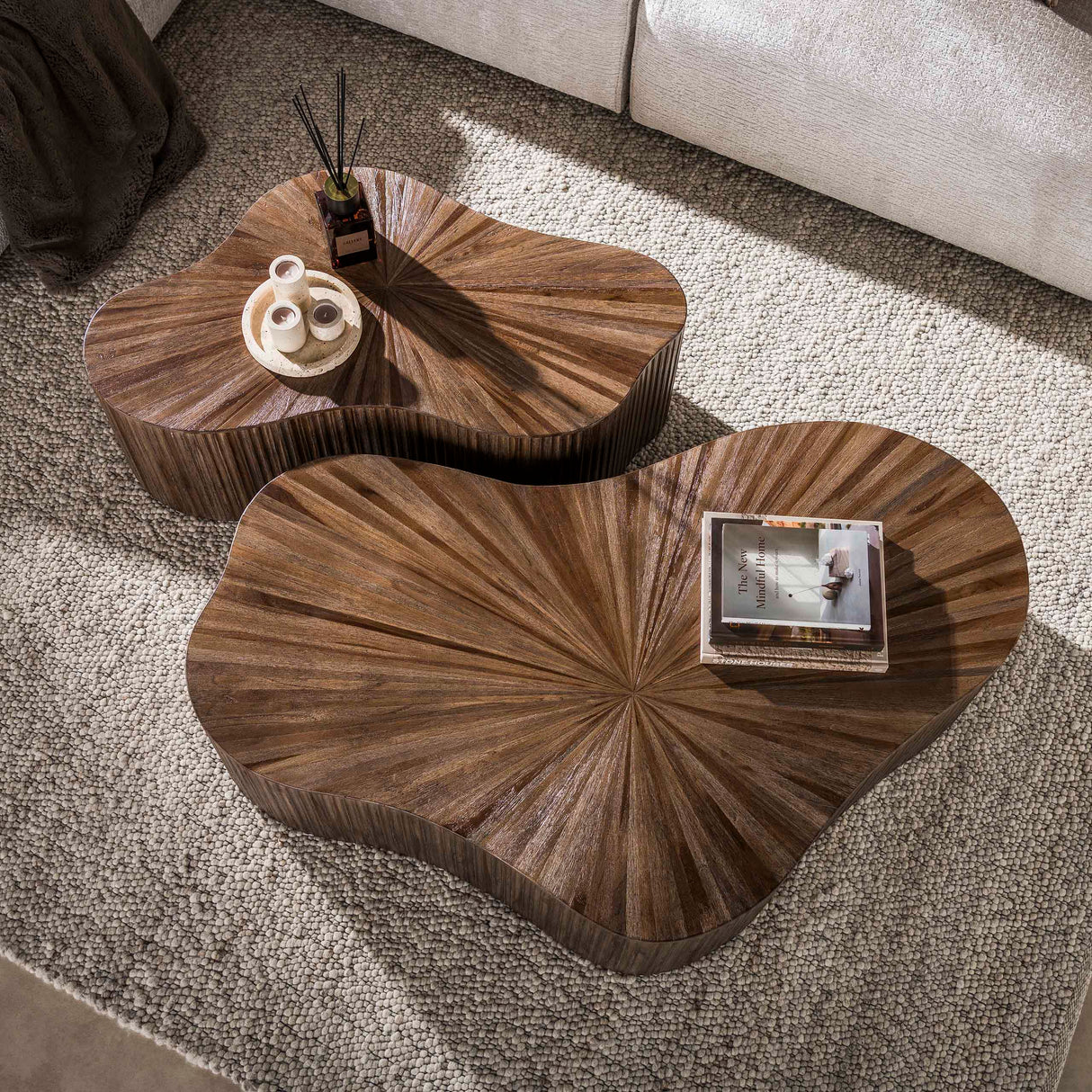 Set of 2 organic coffee tables in dark brown teak Japandi Myla