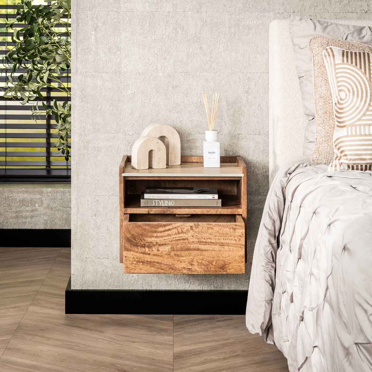 Orto Hanging Nightstand 1 Drawer 1 Compartment Mango wood Ceramic 