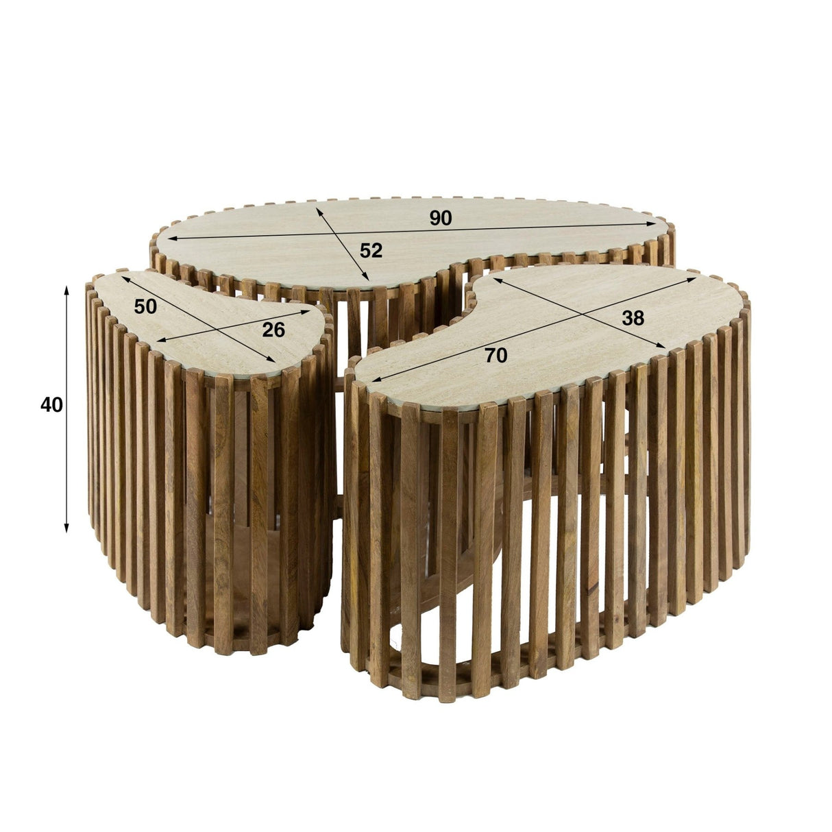 Vento kidney-shaped coffee table set of 3 travertine solid mango sand 