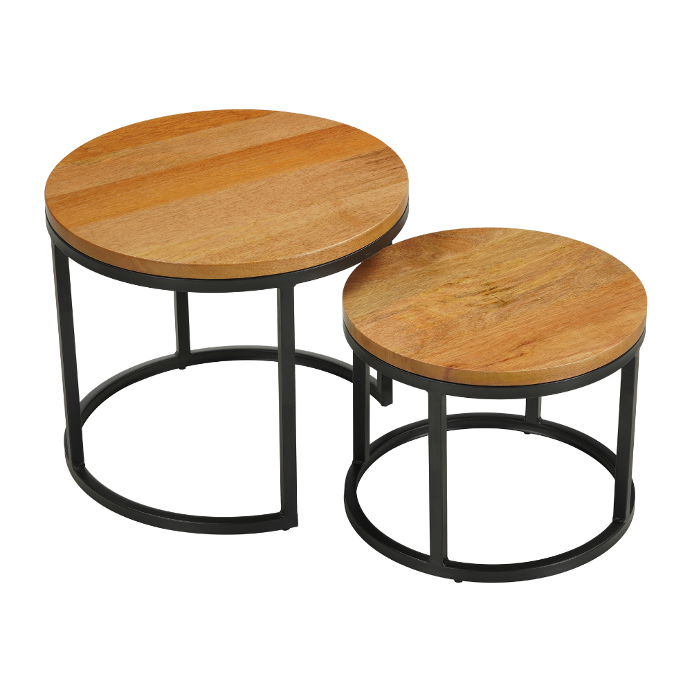 Set of 2 round coffee tables natural Mango wood - industrial - Rosy