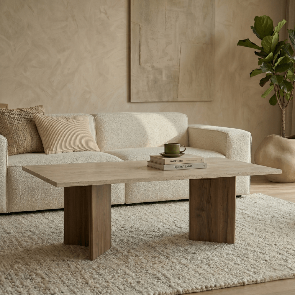 Salontafels - Rechthoekige salontafel walnoot melamine met travertin top Sabin 119x60 cm - Dimehouse