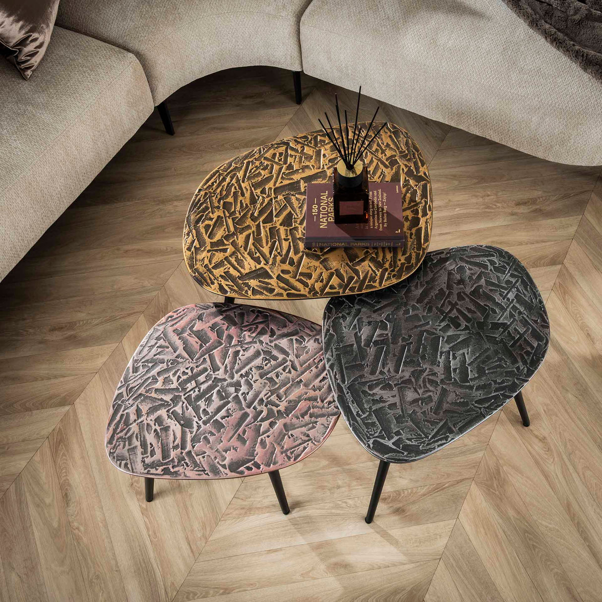 Marlo Coffee Table Set 3 Square Copper Patina 