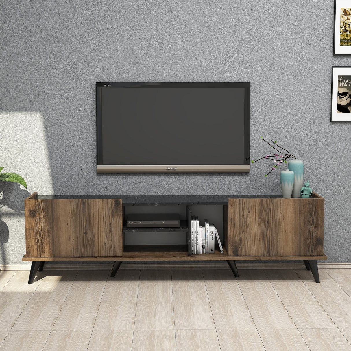 TV Meubels - TV Meubel Elegante Walnoot Zwart Melamine 180x52x34 cm - Dimehouse