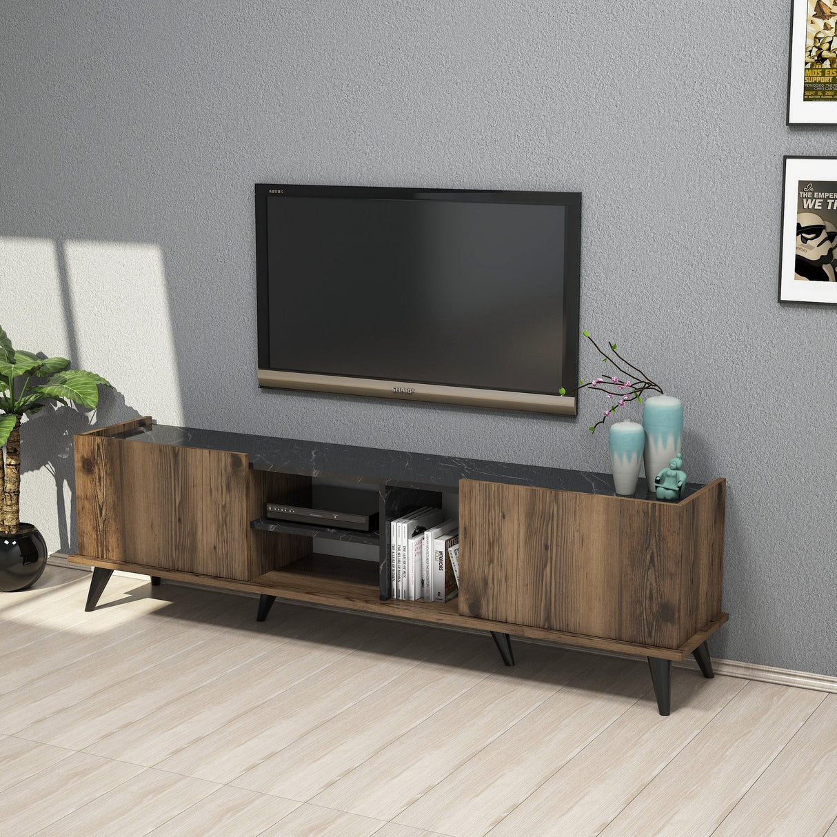 TV Meubels - TV Meubel Elegante Walnoot Zwart Melamine 180x52x34 cm - Dimehouse