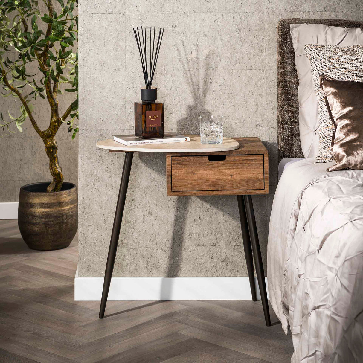 Nightstand Monza Left 1 Drawer Ceramic Travertine 