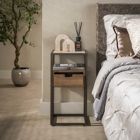 Nachtkastje met 1 lade keramiek travertin eikenhout Cady