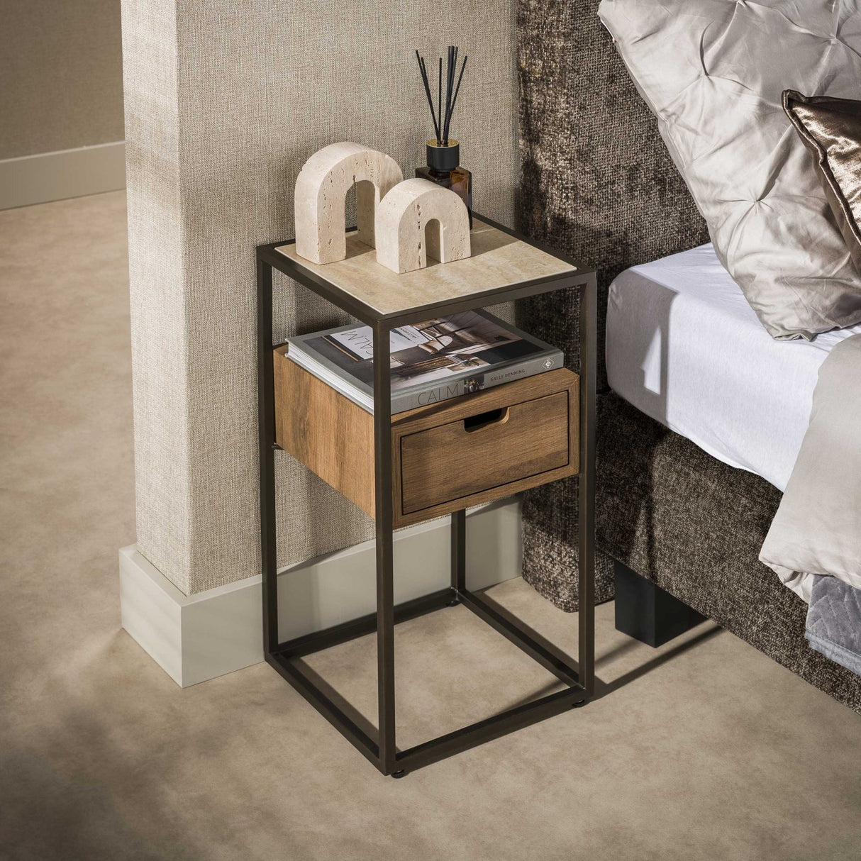 Nachtkastje met 1 lade keramiek travertin eikenhout Cady