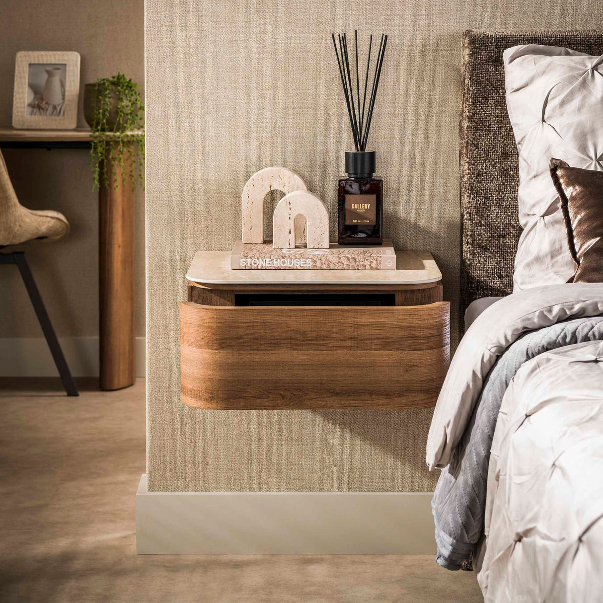 Floating bedside table with 1 drawer ceramic travertine oak Cady