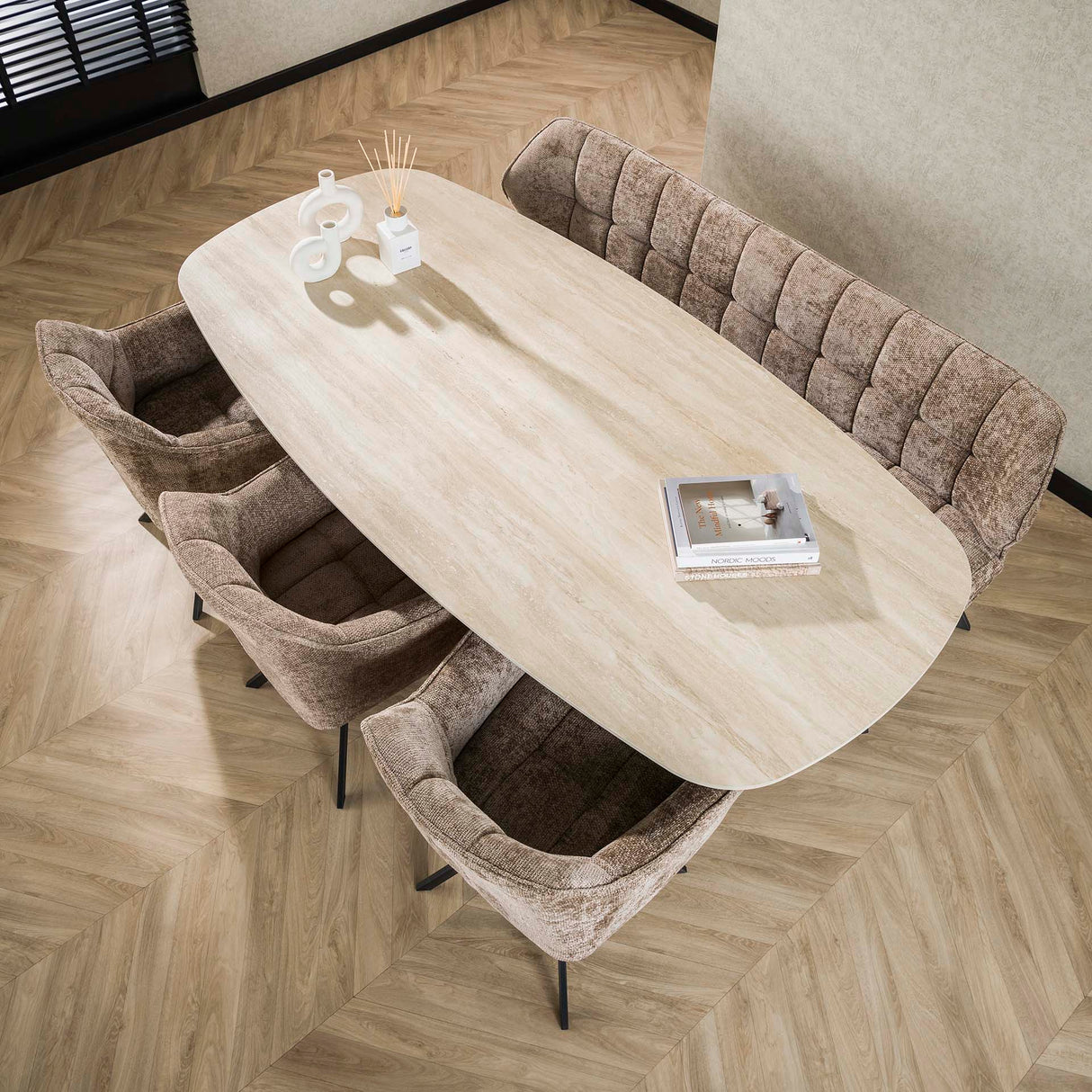 Valente Oval 215 Travertine 3D Ceramic Dining Table 