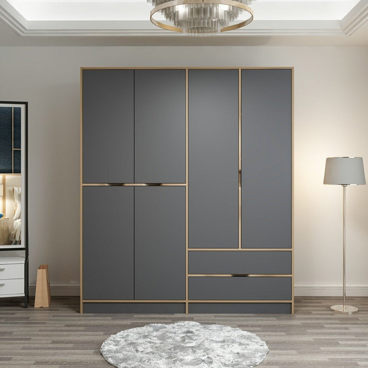 Kledingkasten - Kledingkast Elina Antraciet Goud Melamine 185x208x52 cm - Dimehouse