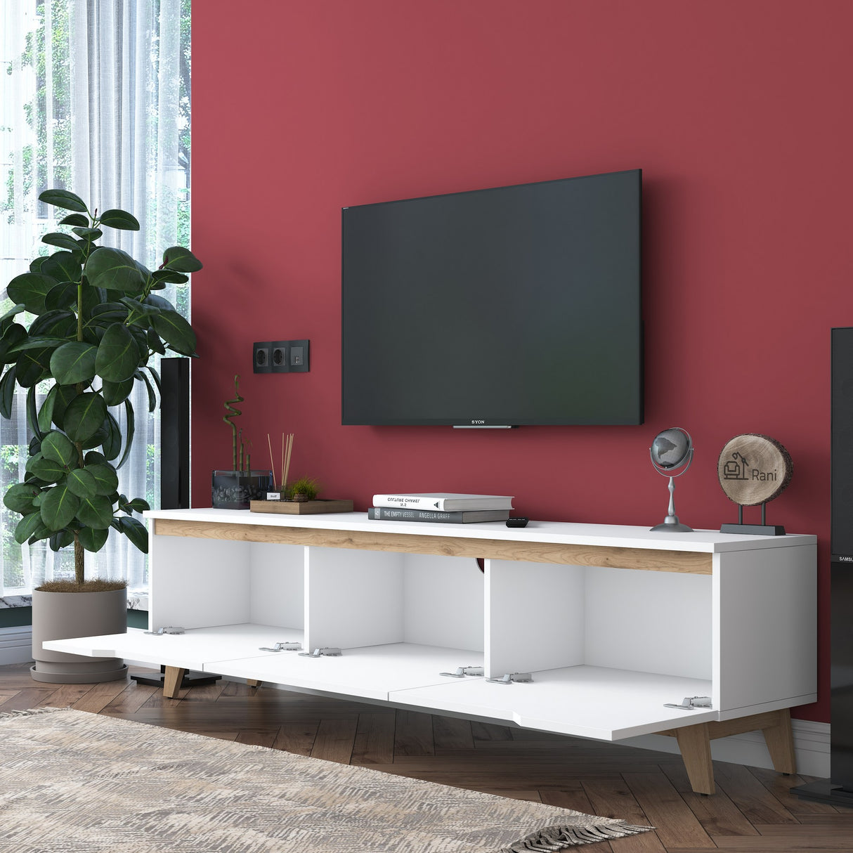 TV Meubels - TV Meubel Osiris Wit Licht Walnoot Melamine 180x48,6x35 cm - Dimehouse