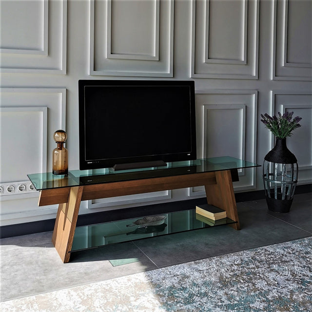 TV Meubels - TV Meubel Coral Walnoot Groen Glas 158x45x40 cm - Dimehouse
