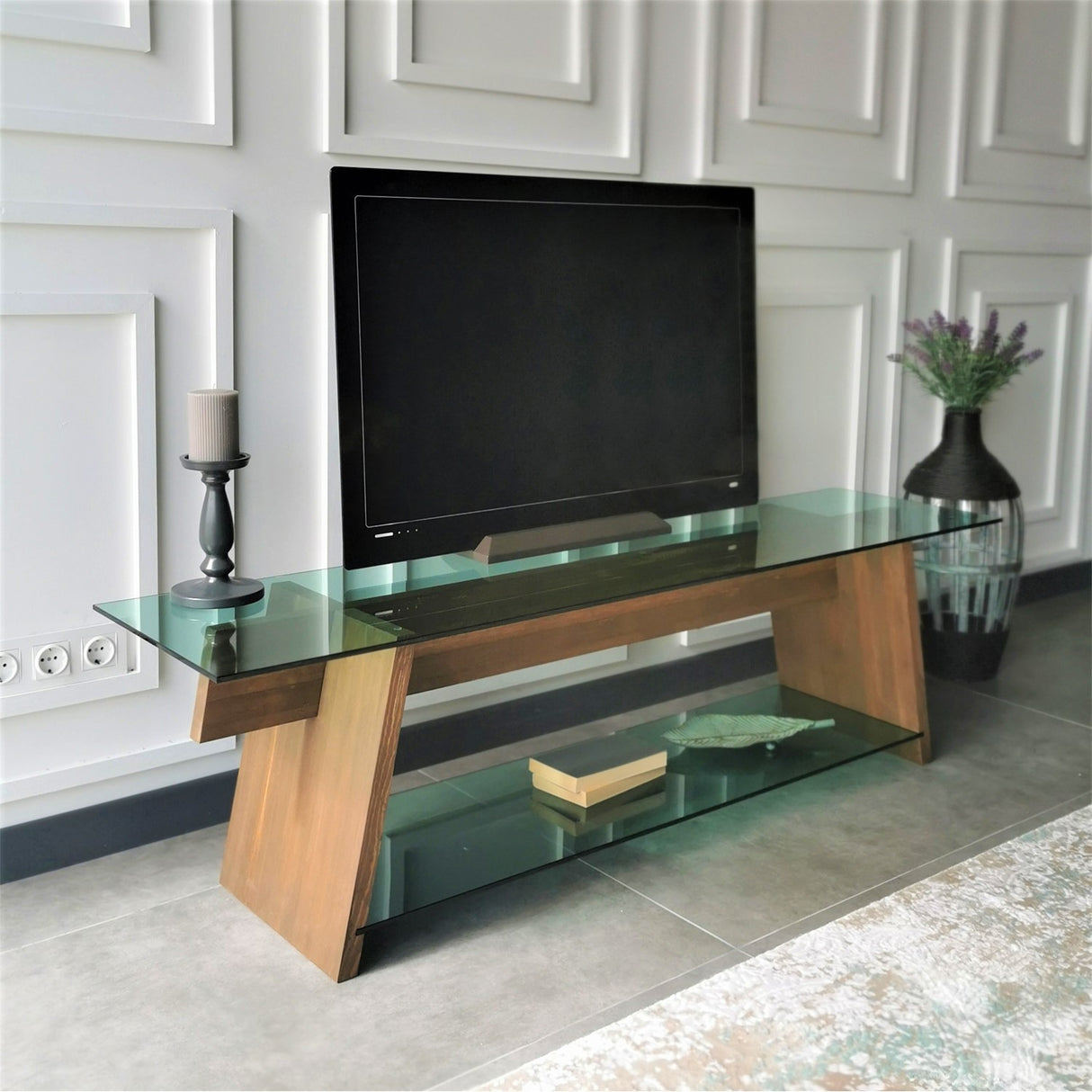 TV Meubels - TV Meubel Coral Walnoot Groen Glas 158x45x40 cm - Dimehouse