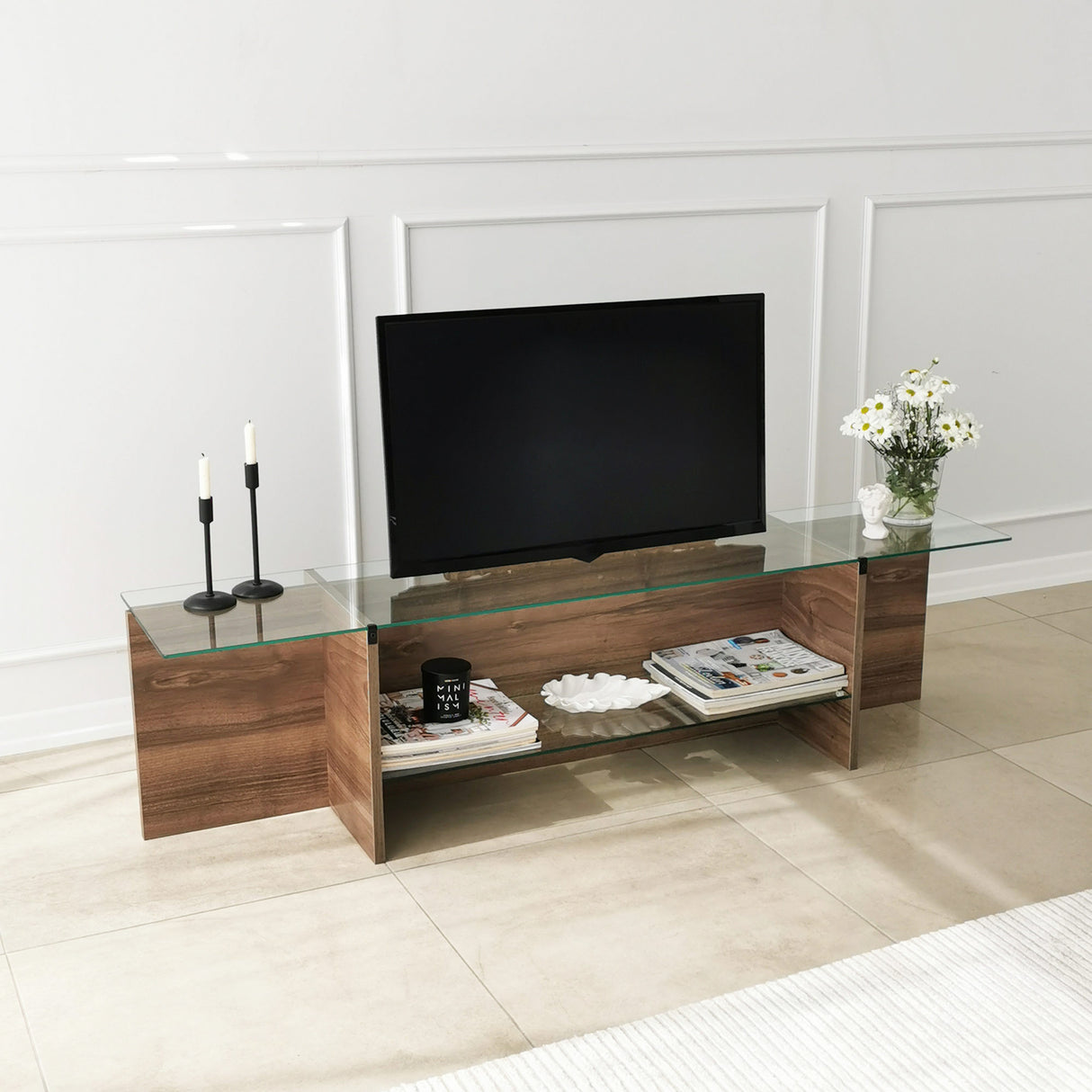 TV Meubel Escape TV Walnoot Glas 158x40x35 cm