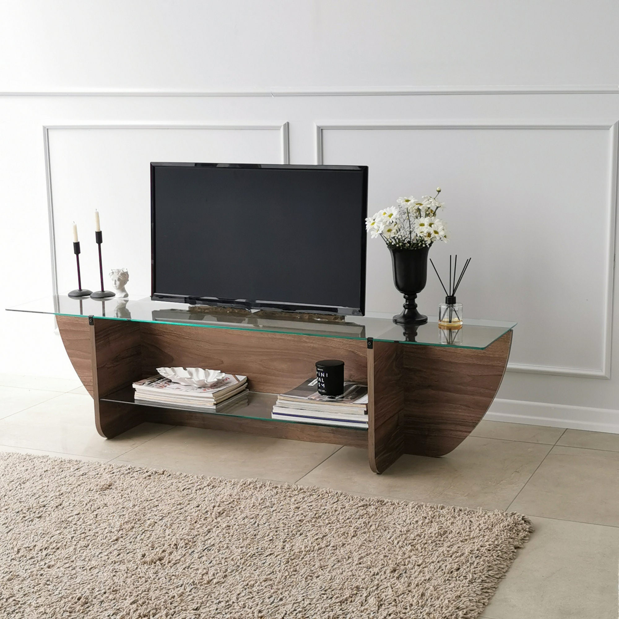 TV Cabinet Lily TV Walnut Glass 158x40x35 cm | Dimehouse