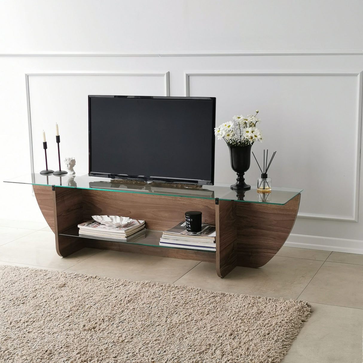 TV Meubel Lily TV Walnoot Glas 158x40x35 cm