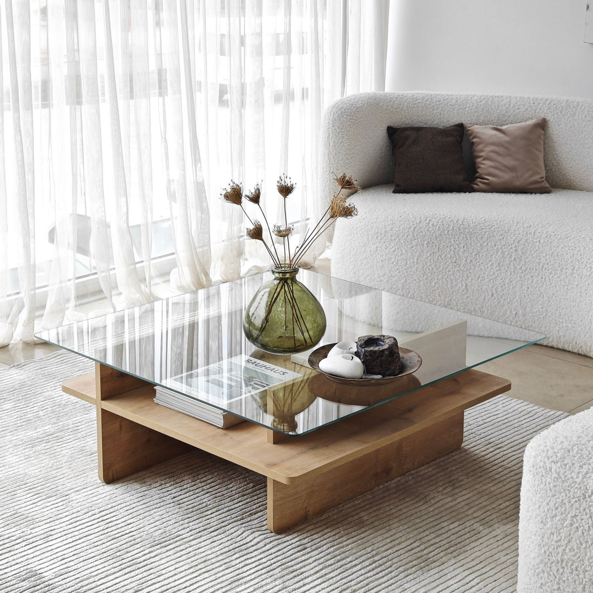 Square Glass Coffee Table Sagu - Sapphire Melamine Base - 90x90 cm 