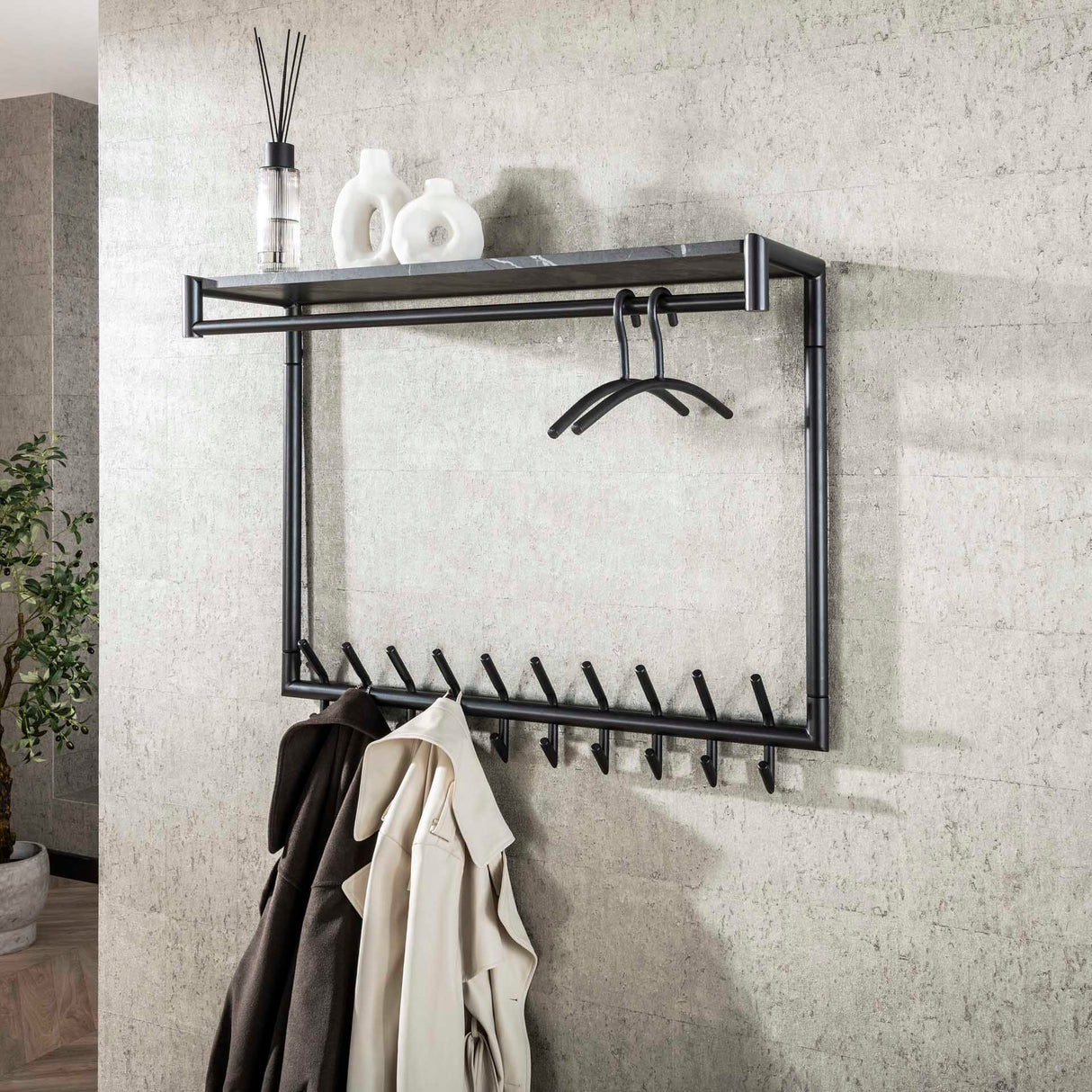 Coat rack Kimi 20-Hook Black Ceramic - With Rod and Hat Shelf 