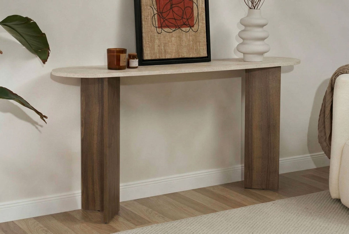 Modern oval side table with a travertine look top and walnut melamine base. Stylish minimalist design.