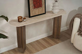 Modern oval side table with a travertine look top and walnut melamine base. Stylish minimalist design.