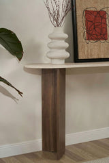 Modern oval side table with a travertine look top and walnut melamine base. Stylish minimalist design.