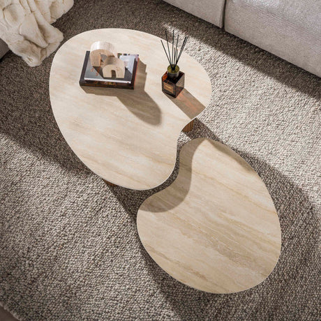 Set of 2 organic coffee tables Cruz - ceramic Travertine oak wood-look ribbed
