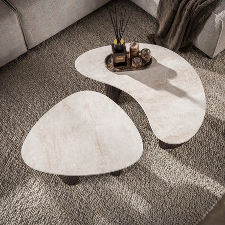 Set of 2 organic coffee tables Cruz - ceramic Taj Mahal top dark brown wood look legs