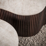 Set of 2 organic Cruz Grand coffee tables with Taj Mahal ceramic tops and dark brown ribbed base.