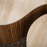 Set of 2 organic Cruz Grand coffee tables with Travertine ceramic tops and oak wood look ribbed base.