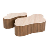 White photo set of 2 organic coffee tables Cruz Grand with Travertine ceramic tops and oak wood look ribbed base.