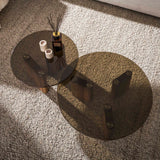 Set of 2 round coffee tables brown smoked glass oak look Thor