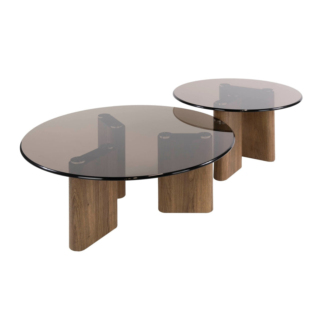 Set of 2 round coffee tables brown smoked glass oak look Thor