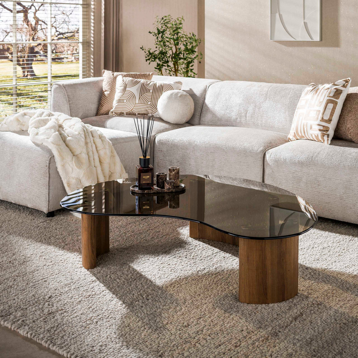 Organic coffee table brown smoked glass oak look Thor 130 cm