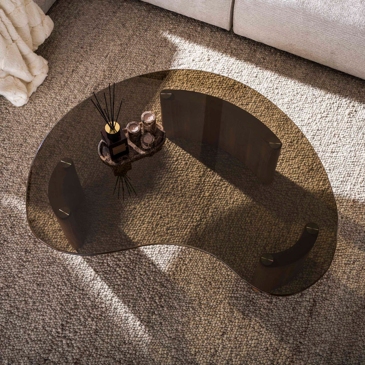 Organic coffee table brown smoked glass oak look Thor 130 cm