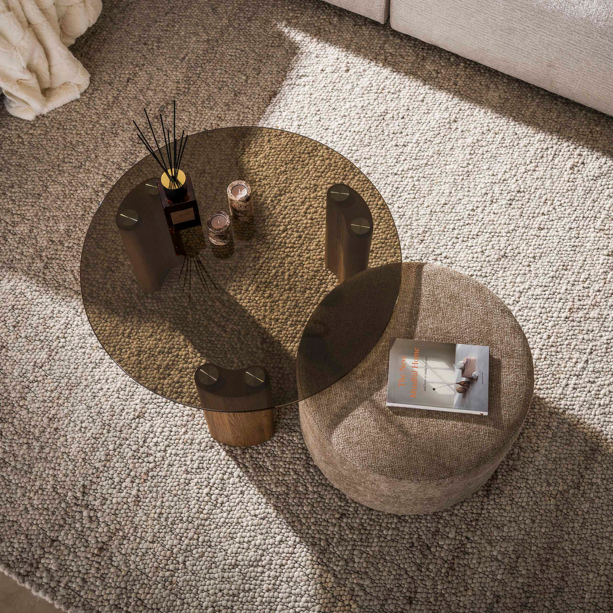 Set of 2 round coffee tables Thor brown smoked glass and sand-colored fabric