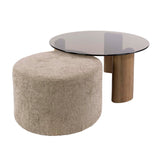 Set of 2 round coffee tables Thor brown smoked glass and sand-colored fabric
