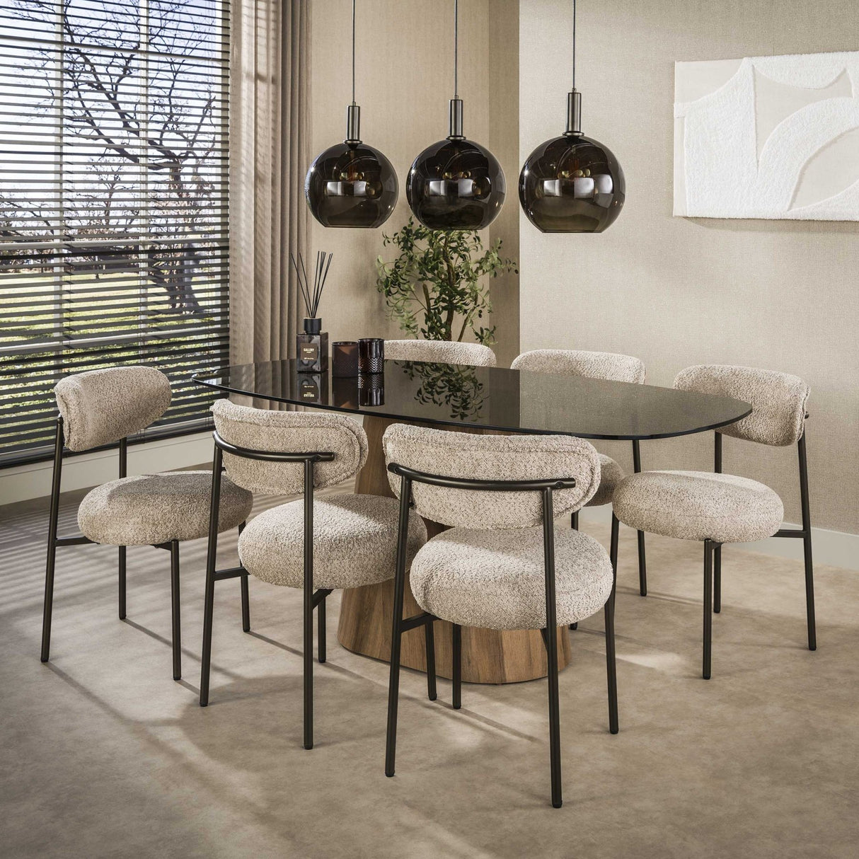 Danish oval dining table brown smoked glass oak look frame Thor 215 cm