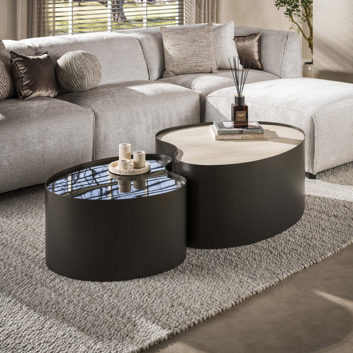 Set of 2 organic coffee tables Moony – metal frame & ceramic travertine look and glass