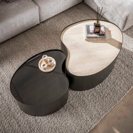 Set of 2 organic coffee tables Moony – metal frame & ceramic travertine look and glass